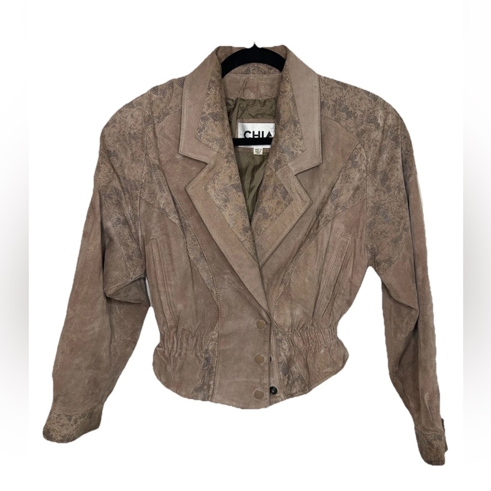 Vintage 90’s CHIA Cropped Brown Suede Leather Jacket Snake Print Panel Korea XS - Picture 15 of 16